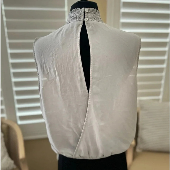 Express | Light Gray Sheer Smocked Neck Open Back Sleeveless Blouse - Size M - Picture 3 of 4